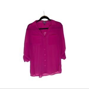 Nicole Miller Cerise Sheer Button-down Blouse L